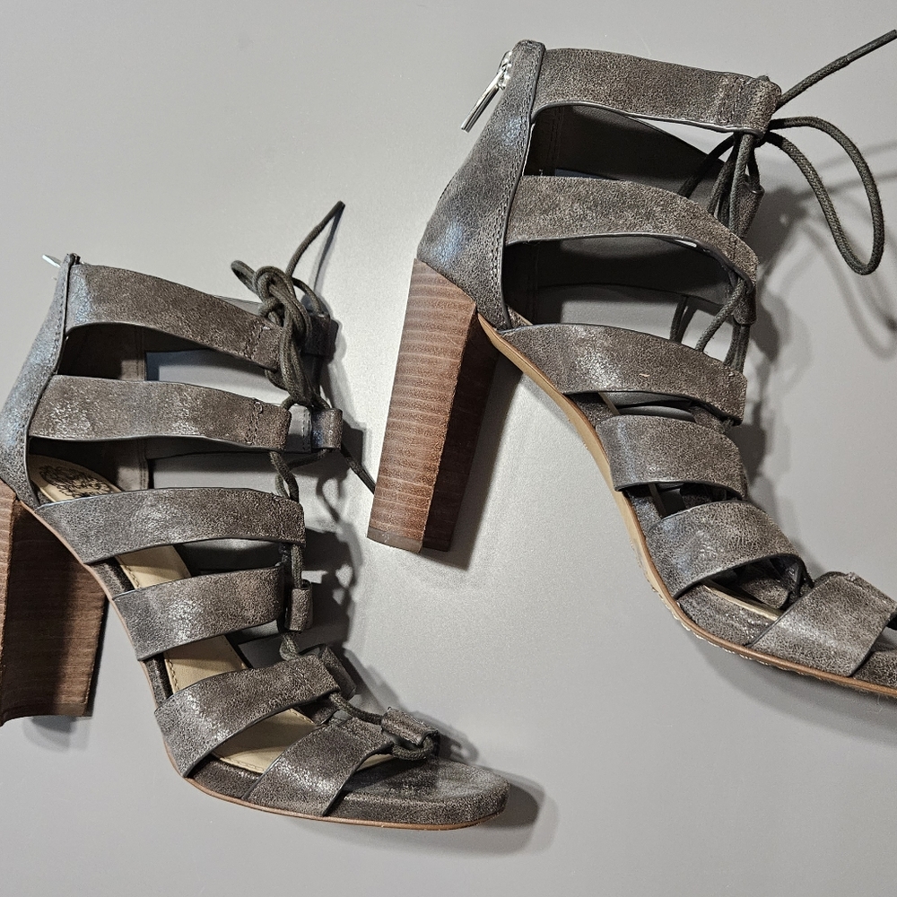 Vince Camuto Phandres 7.5M High Heel Magnet Grey Boot Sandles Laceup Back Zip